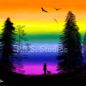 Puede incluir: Una pintura digital de una persona paseando a un perro en un bosque con un cielo de arcoíris en el fondo. El texto "P.B.S. Studios" está en el medio de la imagen.