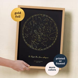 Könnte beinhalten: Gerahmter schwarzer Druck mit einer Sternbildkarte aus Goldfolie. Der Text "The Night Our Stars Aligned" steht unter der Karte, mit Orts- und Datumsangaben. Der Rahmen ist hellbraun.