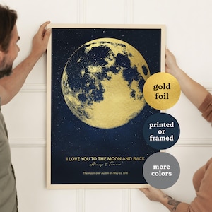 May include: A rectangular wall art print featuring a large gold foil moon against a dark navy blue starry night sky. The text reads I LOVE YOU TO THE MOON AND BACK, Always & Forever, and The moon over Austin on May 22, 2016 in gold lettering.