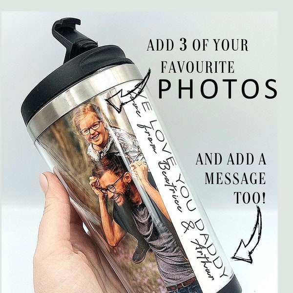 PERSONALISED HOT Drink Travel Mug Fathers Day Flask Custom Gift for Dad Grandad, Customised Travel Flask with ANY wording, Photo Travel Mug