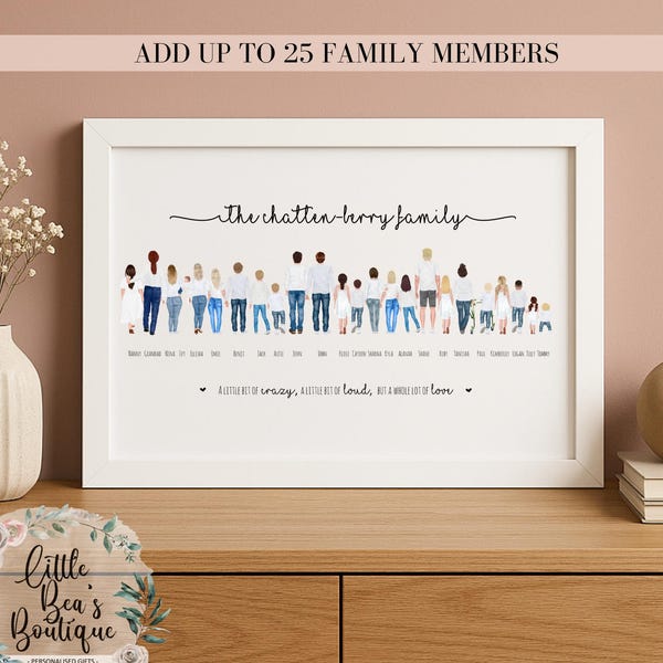 PERSONALISED FAMILY PORTRAIT Print | Custom Illustration Drawing Picture of Family Grandchildren Christmas Gift Home Wall Art
