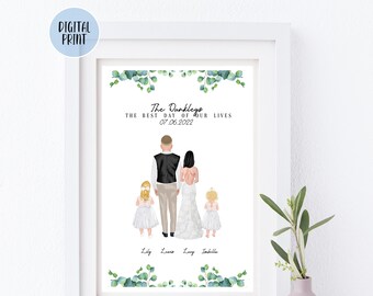 May include: A watercolor illustration of a wedding couple with two flower girls. The couple is facing away from the viewer, and the girls are facing the viewer. The illustration is surrounded by a border of eucalyptus leaves. The text "The Dunkleys" is at the top of the illustration, and the text "The Best Day of Our Lives 07.06.2022" is below the couple. The names of the flower girls are written below them.