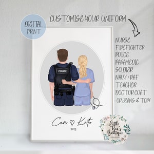 Retrato de pareja personalizado DIGITAL, impresión de enfermeras, regalo de aniversario de San Valentín, ilustración de uniforme de policía, paramédico, bombero y sheriff