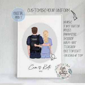 DIGITAL PERSONALISED Custom Couples Portrait, Nurses Print, Valentines Anniversary Gift Police Paramedic Fire Sheriff Uniform Illustration