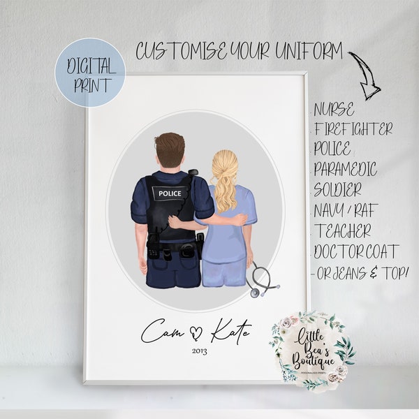 DIGITAL PERSONALISIERTE benutzerdefinierte Paare Portrait, Krankenschwestern Druck, Valentinstag Jahrestag Geschenk Polizei Sanitäter Feuerwehr Sheriff Uniform Illustration