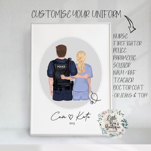PERSONALISED HERO COUPLE A4 A3 Valentines Day Gift, Couple Portrait Print, Firefighter Gift, Paramedic Gift, Police and Nurse Couple Gift