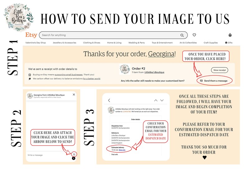 May include: A graphic with instructions on how to send an image to Little Bea's Boutique on Etsy. The steps include clicking on the order, sending a message, and checking the confirmation email for the estimated dispatch date.