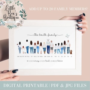 DIGITAL PERSONALISED FAMILY Portrait Illustration Printable, Custom Customised Family Drawing Gift for Mum Mummy Grandma on Mothers Day