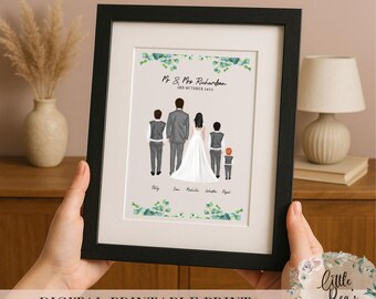 May include: A framed digital print featuring a family illustration. The artwork depicts a couple and their children, with the text "Mr & Mrs Richardson 3rd October 2025" at the top. The bottom of the frame reads "DIGITAL PRINTABLE PRINT".