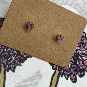 Op de afbeelding: Een paar gouden oorbel studs met kleine, ronde, paarse edelstenen.