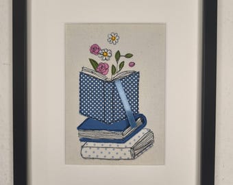 Books & flowers, handmade art, framed picture