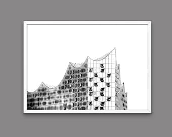 May include: Black and white photograph of a modern building with a unique, wave-like design. The building has many windows and appears to be made of glass.