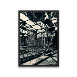 Könnte beinhalten: Ein Schwarzweißfoto eines verlassenen Gebäudes mit einem rostigen Metalldach und üppiger Vegetation. Das Gebäude scheint eine große Industrieanlage mit einem Betonboden und einer Reihe von Fenstern zu sein.