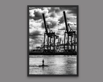 Hamburg Harbor Cranes – Black & White Printable - Wall Art - Minimalist Industrial Digital Download | Sizes A2–A6 | Urban Photography Decor