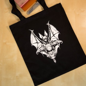Steampunk Bat Canvas Tote Bag – Hand-Printed Gothic Cotton Shopper, Eco-Friendly Vintage Industrial Art Gift