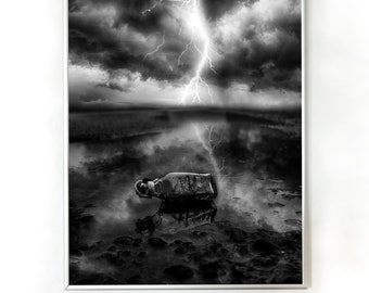Fotodruck - Poster - Lightning - Flaschenpost - Bottleship - Digitalart - fineart - Schwarzweiß - Black and White - Kunst - ohne Rahmen