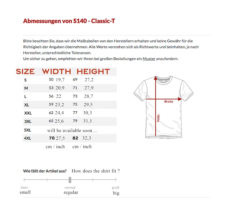 K&ouml;nnte beinhalten: Ein wei&szlig;es T-Shirt mit einer Gr&ouml;&szlig;entabelle, einschlie&szlig;lich Ma&szlig;en in cm und Zoll. Die Tabelle listet Gr&ouml;&szlig;en von S bis 4XL mit Breiten- und H&ouml;henma&szlig;en auf. Der Text enth&auml;lt "GR&Ouml;SSE", "BREITE", "H&Ouml;HE" und "Wie f&auml;llt der Artikel aus?"