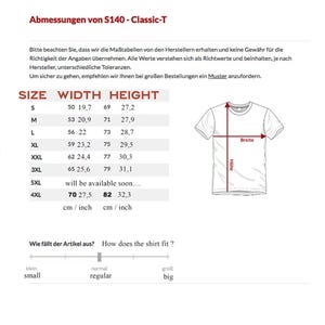 May include: A size chart for the S140 Classic-T t-shirt, displaying width and height measurements in centimeters and inches for sizes S through 4XL. A line drawing of a t-shirt shows the measurement points for width and height.