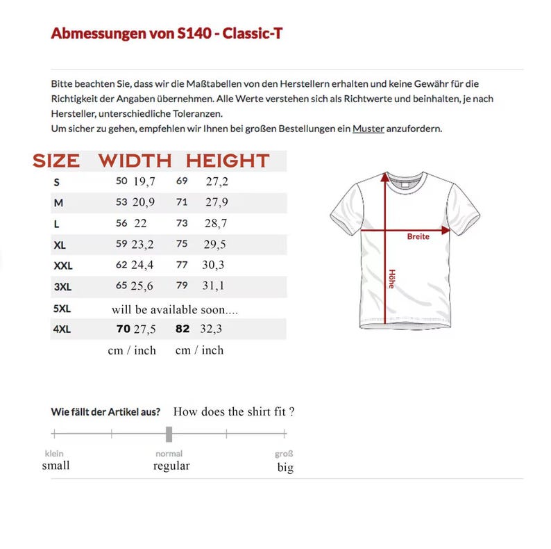 May include: A size chart for the S140 Classic-T t-shirt, displaying width and height measurements in centimeters and inches for sizes S through 4XL. A line drawing of a t-shirt shows the measurement points for width and height.