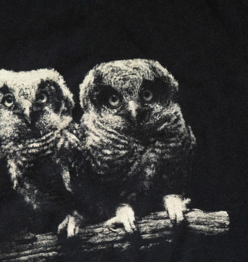 May include: A black fabric garment featuring a high-contrast, white graphic print of two owls perched side-by-side on a branch. The owls are depicted with detailed feathers and large, forward-facing eyes, set against a solid black background.