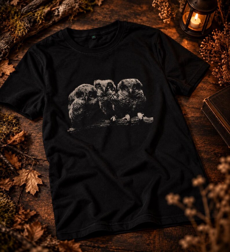 May include: A black short-sleeved t-shirt featuring a detailed white graphic print of three owls perched together on a branch. The design is centered on the chest of the shirt, showcasing the textured feathers and distinct facial features of the birds.
