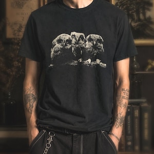 Black gothic owl t-shirt worn by a person in a dark academia styled room with vintage books, moody lighting, and monochrome owl graphic print.