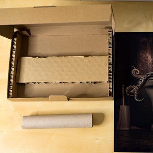 May include: A brown cardboard box with a corrugated cardboard insert. The box is open and the insert is visible. A brown cardboard tube is next to the box. A black and white photograph of an octopus wrapped around a toilet bowl is visible in the background.