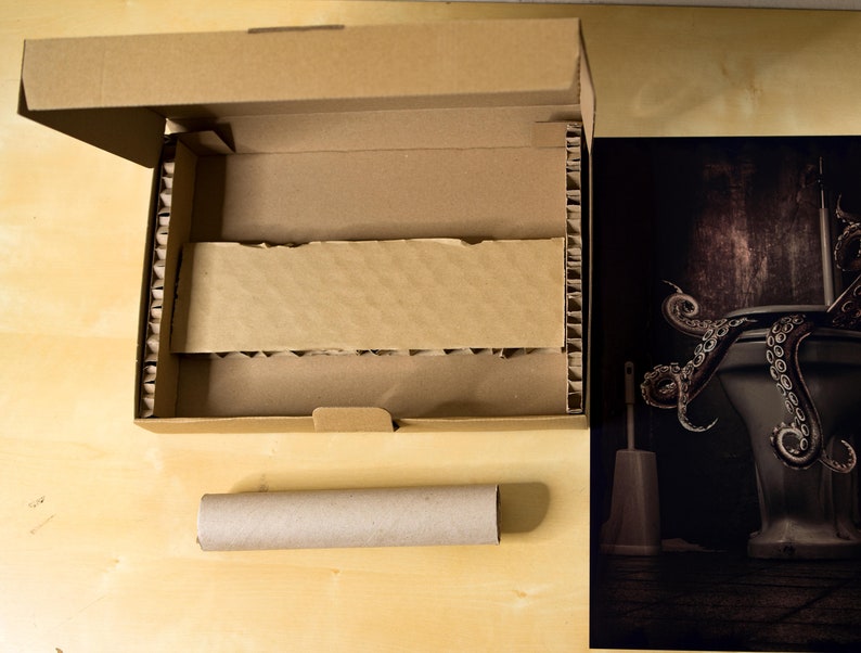 May include: A brown cardboard box with a corrugated cardboard insert. The box is open and the insert is visible. A brown cardboard tube is next to the box. A black and white photograph of an octopus wrapped around a toilet bowl is visible in the background.