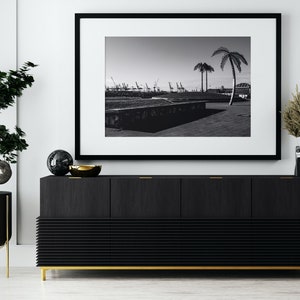 May include: A black and white photograph of a harbor with palm trees in the foreground, framed in a black frame and hanging above a black cabinet with gold accents.