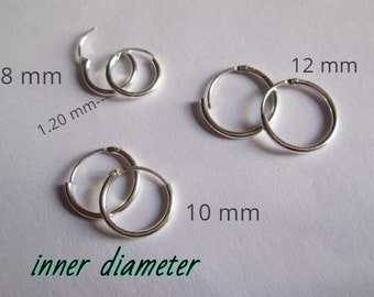 Argent 925 Sterling, 2 , Boucles d'oreilles créoles, 8, 10, 12, mm, simple, minimaliste, Espagne, cadeau, homme, femme, bijouterie