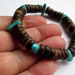 Bracelet man 8mm coconut and turquoise man jewelry, boyfriend gift, anniversary Spain, valentine&#39;s day elastic bracelet, for him