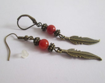 Hook earrings steel, feather steel, coral agate, gift man, Spain, for her, for him, Boho and hippy style, gift  boyfriend