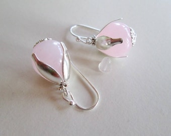 Boucles d'oreilles fleurs, quartz rose, crochets en argent 925, cadeau d'anniversaire, anniversaire, mère, fleur, Espagne,  Cadeau de Noël,