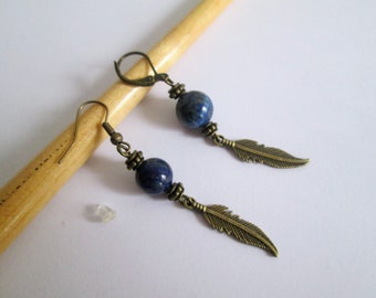 Boucles d'oreilles crochet plume acier lapis lazuli cadeau pour homme, Espagne, pour elle, pour lui, style bohème et hippie, cadeau de marié
