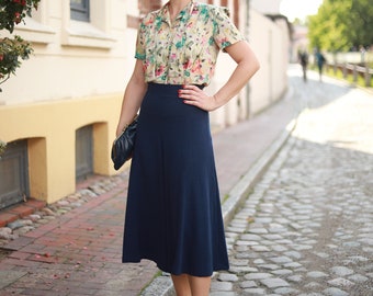 Culotte trouser skirt high waist viscose linen dark blue