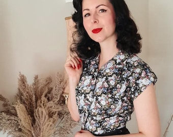 50s Blouse Audrey Vintage Flowers Black