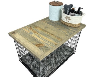 Dog Kennel Wood Top with safety lip, CLASSIC GRAY STAIN, handcrafted, dog crate topper, dog crate table top, custom made sizes are available