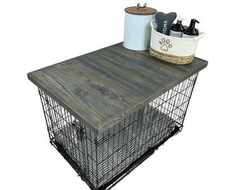 Dog Kennel Wood Top with safety lip, AGED BARREL STAIN, handcrafted, dog crate topper, dog crate table top, custom made sizes are available,