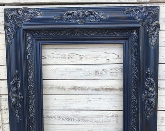 Baroque shabby chic Style Frame,distressed blue, mirror frame,ornate frame, canvas wood frame, navy blue frame,vintage frame,custom frame