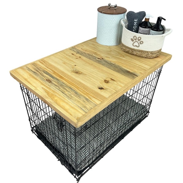 Dog Kennel Wood Top with safety lip, WEATHERED OAK STAIN,handcrafted, dog crate topper,dog crate table top,custom made sizes are available,