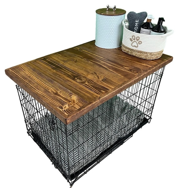 Dog Kennel Wood Top with safety lip, ENGLISH CHESTNUT STAIN, handcrafted, dog crate topper, dog crate table top, custom made sizes available