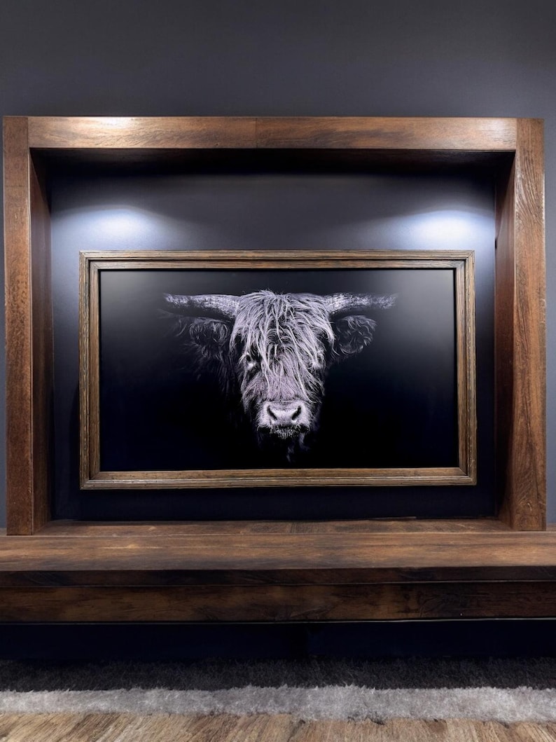 Puede incluir: Una pieza de arte mural enmarcada de forma rectangular que presenta un retrato en blanco y negro de alto contraste de una vaca Highland con pelaje largo y desgre&ntilde;ado y cuernos prominentes, dentro de un marco de madera oscura.