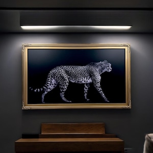 May include: A framed black and white photograph of a cheetah walking in profile against a black background. The frame is gold and has a decorative design.