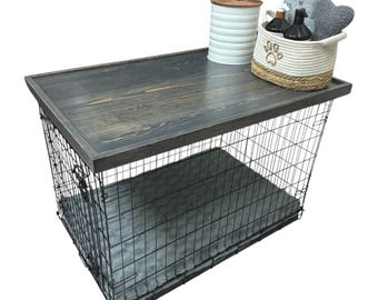 Dog Kennel Wood Topper with safety lip, AGED BARREL STAIN, handmade from real hardwood, dog crate top