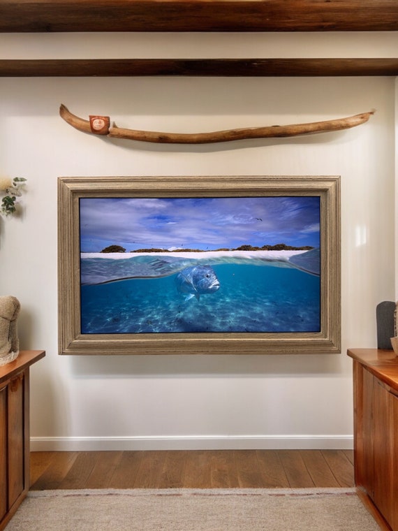 32" to 65" inch TV frame for Samsung The Frame TV and Frame Pro TV models, Rustic Driftwood finish, not meant for use with other TVs.