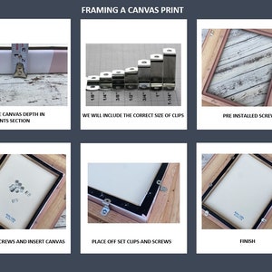 May include: A step-by-step guide on how to frame a canvas print. The images show the process of removing screws, inserting the canvas, placing clips and screws, and the finished product. The guide includes instructions to provide the canvas depth in the comments section and mentions that the correct size of clips will be included.