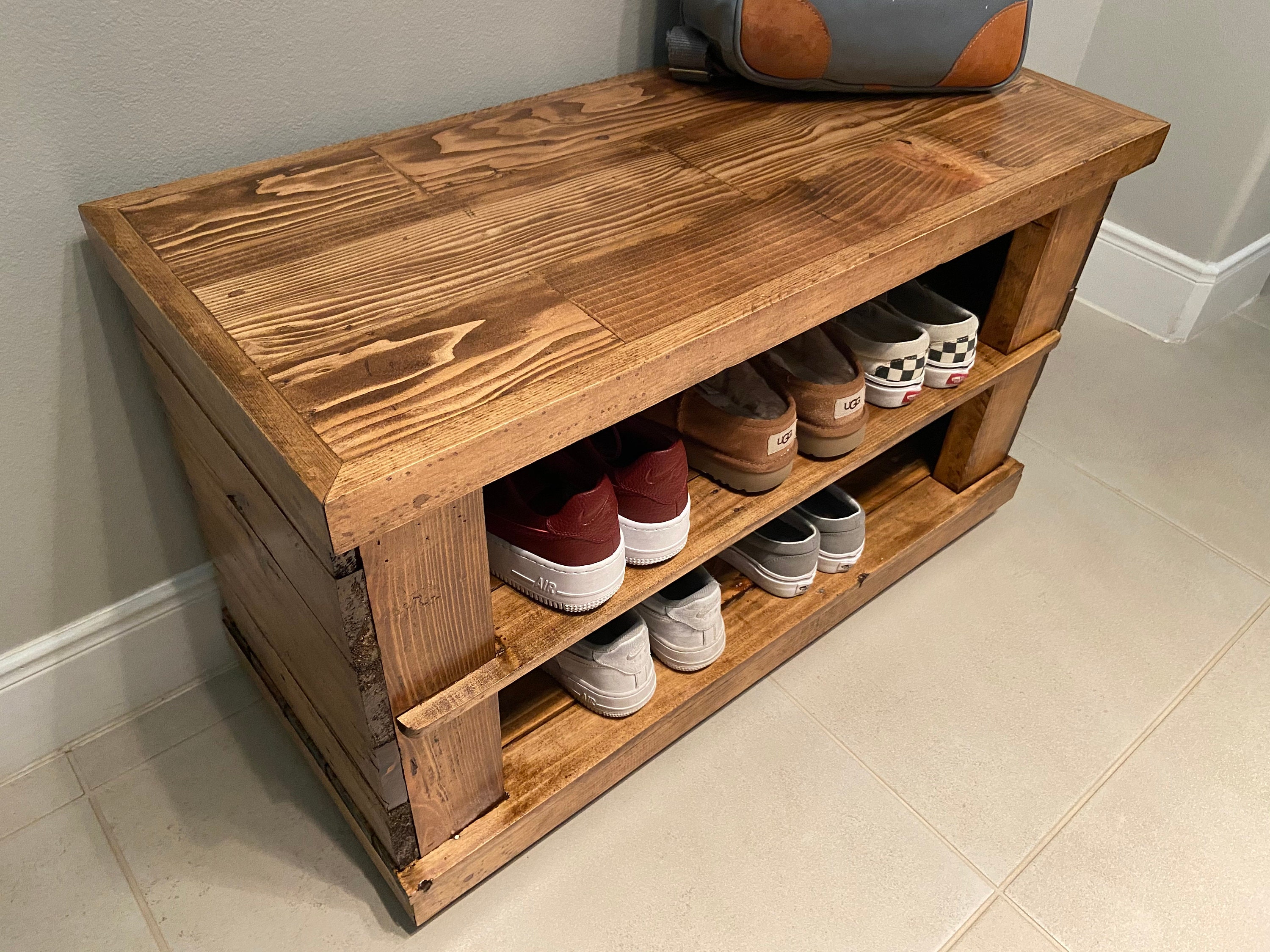 Reclaimed wood shoe bench deals
