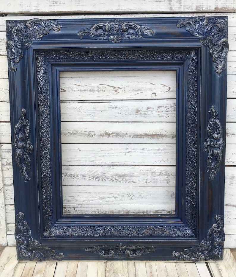 Baroque Shabby Chic Style Frame Distressed Blue Mirror Ornate Canvas Wood Navy Vintage Custom
