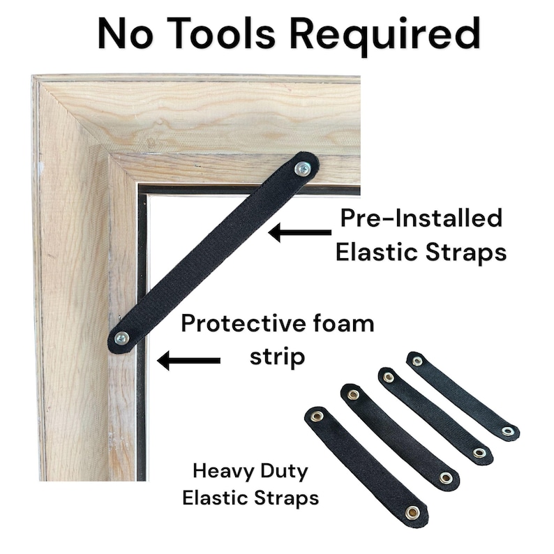 May include: A light wood frame corner featuring a black elastic strap secured with metal fasteners. The text reads No Tools Required, Pre-Installed Elastic Straps, Protective foam strip, and Heavy Duty Elastic Straps. Four additional black elastic straps are shown.