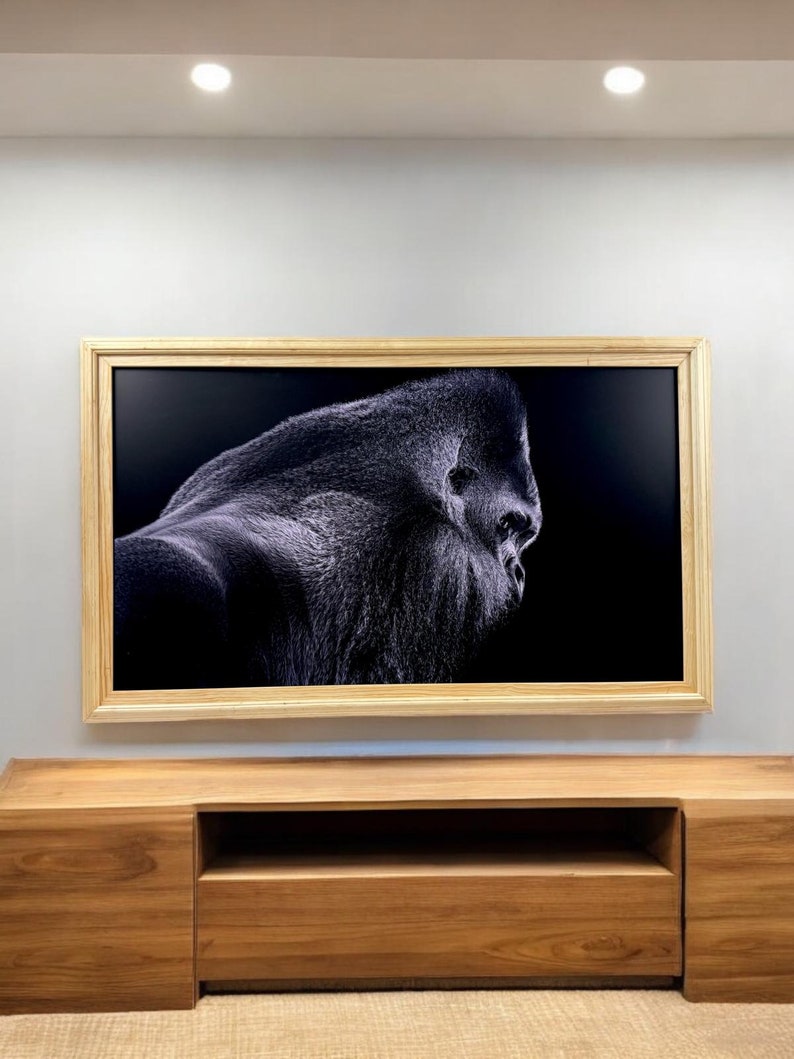 K&ouml;nnte beinhalten: Ein rechteckiges Wandbild mit einem kontrastreichen Schwarz-Wei&szlig;-Profilportr&auml;t eines Gorillas. Das Bild ist vor einem einfarbigen schwarzen Hintergrund platziert und von einem hellen Naturholzrahmen mit einem abgestuften Profil umgeben.